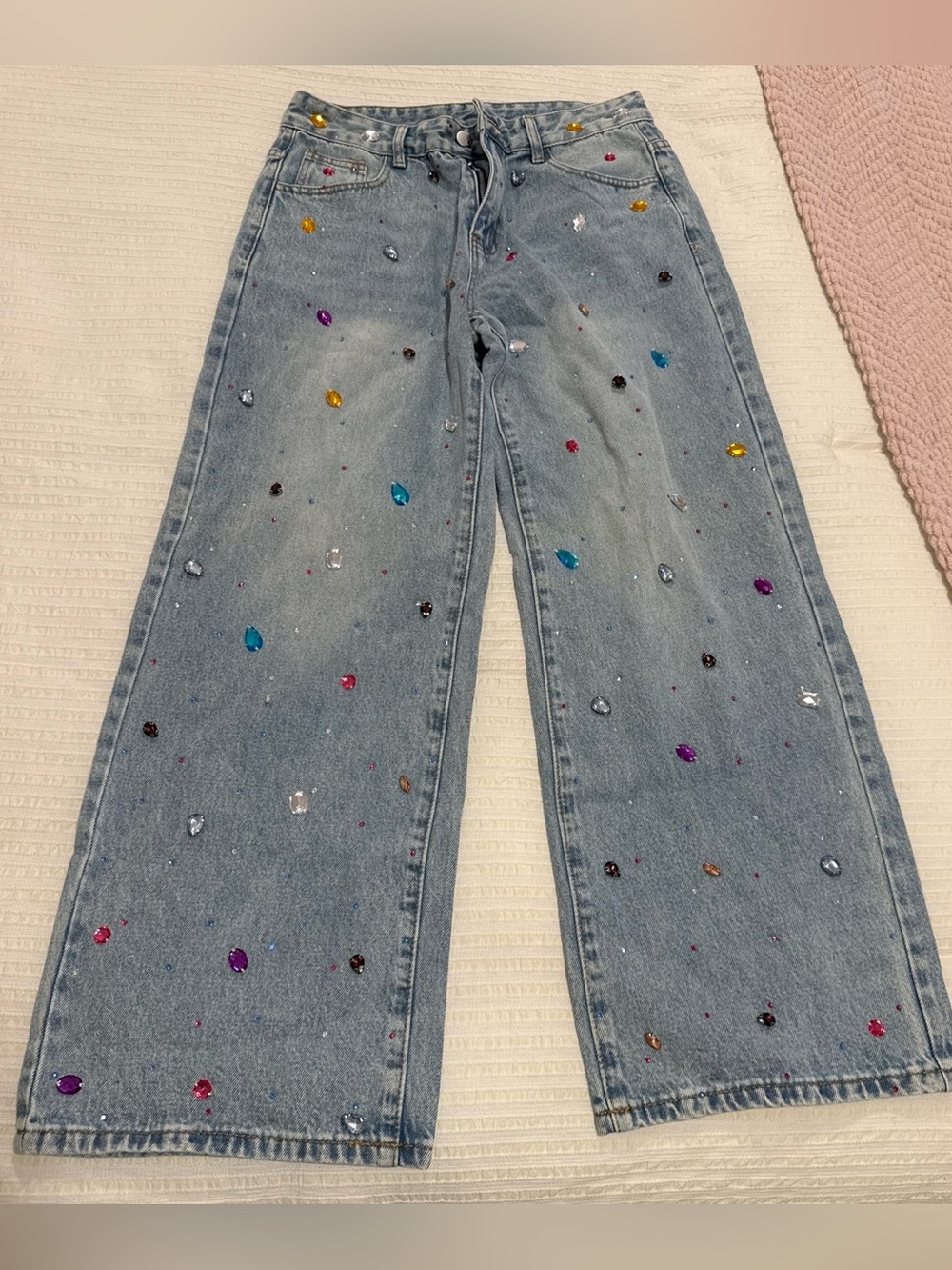 Light Blue Wide-Leg Jeans with Multicolor Jewel Accents
